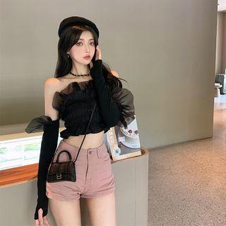 Plain Ruffle Pleated Cropped Tube Top / High-waist Skinny Shorts