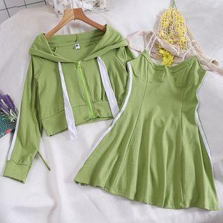 Set Of 2: Spaghetti Strap A-line Dress + Long-sleeve Hooded Jacket