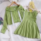 Set Of 2: Spaghetti Strap A-line Dress + Long-sleeve Hooded Jacket
