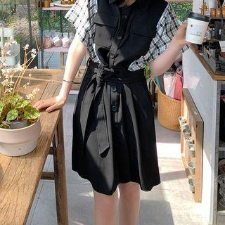 Short-sleeve Plaid Panel Mini A-line Shirtdress