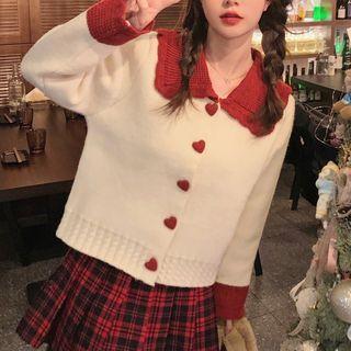 Collared Two-tone Cardigan White - One Size