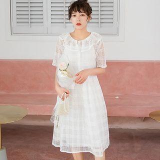 Set: Plaid Short-sleeve Midi Dress + Slipdress