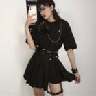 Elbow-sleeve Lettering Embroidered T-shirt / Chain / Pleated A-line Mini Skirt / Belt / Set