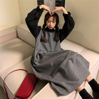 High-neck Plain Top + Plaid Pinafore Dress