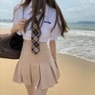 Puff-sleeve Shirt / Plaid Tie / Mini Pleated Skirt / Set