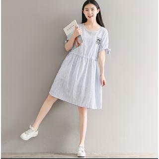 Embroidered Pinstriped Short Sleeve Dress