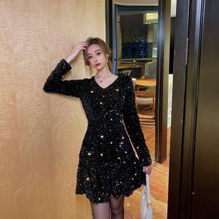 V-neck Sequined Mini A-line Dress