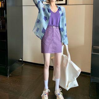 Plain Tank Top / Plaid Skirt / Jacket