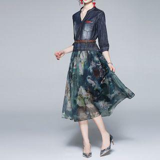 Puff-sleeve Denim Panel Floral Print A-line Dress