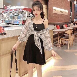 Set: Spaghetti Strap Mini A-line Dress + Plaid Elbow-sleeve Shirt