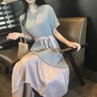 Short-sleeve Panel A-line Midi Dress
