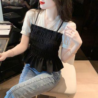 Mock Two-piece Short-sleeve Shirred Top