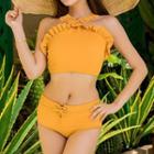 Set: Ruffle Trim Halter-neck Tankini Top + Bottom