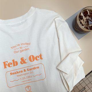 Elbow-sleeve Letter-printed T-shirt Cream - One Size