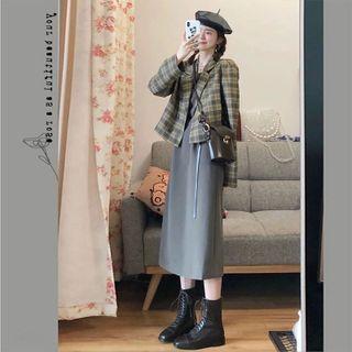 Long-sleeve Plaid Blazer / Plain Sleeveless Dress