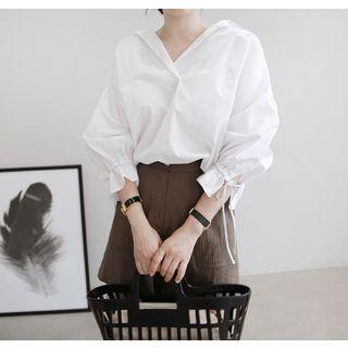 Long-sleeve Drawstring-cuff Open-placket Top