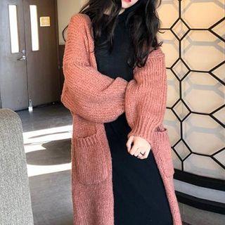 Plain Long-sleeve Knit Cardigan / Plain Mock-neck Sleeveless Dress