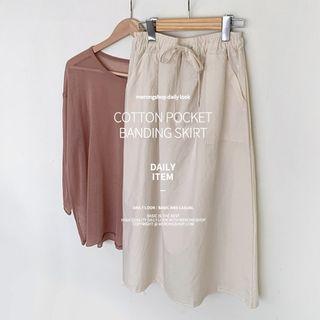 Drawstring-waist Patch-pocket Long Skirt