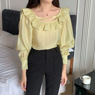 Lantern-sleeve Collared Plain Blouse Shirt - One Size