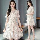 Short-sleeve Dotted Tiered A-line Chiffon Dress