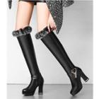 Faux Fur Trim Heart Fringed Chunky Heel Knee-high Boots