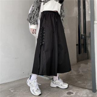 Drawstring Lace-up Midi A-line Skirt Black - One Size