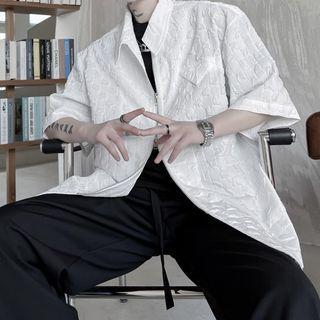 Elbow-sleeve Textured Zip Shirt