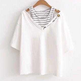 Mock Two Piece Striped Panel Cut Out Shoulder Short Sleeve T-shirt