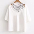 Mock Two Piece Striped Panel Cut Out Shoulder Short Sleeve T-shirt