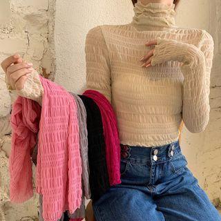 High-neck Mesh Ruched Panel Lace Top