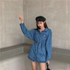 Long-sleeve Sashed Mini Denim Shirt Dress Blue - One Size