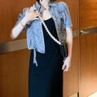 Set: Short-sleeve Denim Jacket + Spaghetti Strap Midi A-line Dress