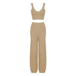 Set: Fleece Crop Tank Top + Straight Leg Pants