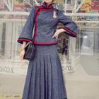 Traditional Chinese Set: 3/4-sleeve Top + Pleated Midi Skirt