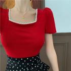 Short-sleeve Square-neck Top / Dotted Midi Pencil Skirt