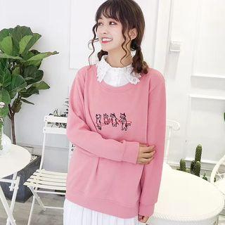 Mock Two-piece Crochet Collar Cat Embroidered Pullover