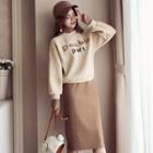 Set: Mock-turtleneck Lettering Pullover + Midi A-line Skirt