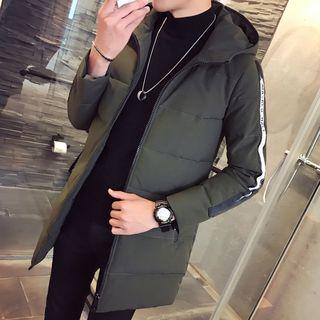 Striped Trim Hooded Long Padded Zip Jacket