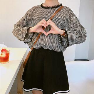 Gingham Long-sleeve Lace Trim Chiffon Top