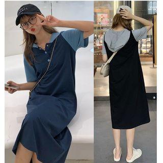 Color Block Hooded Short-sleeve Midi T-shirt Dress