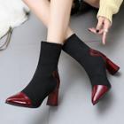 Faux Leather Panel Pointed Block Heel Short Boots
