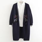Deer Embroidered Open Front Long Cardigan