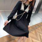 Contrast Collar Long-sleeve Midi Knit Dress