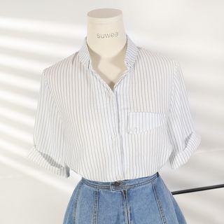 Pinstriped Stand Collar V-neck Short-sleeve Shirt