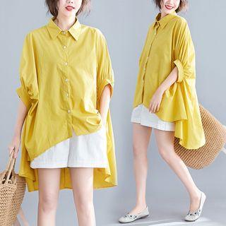 3/4-sleeve Asymmetric Oversized Shirt Yellow - One Size