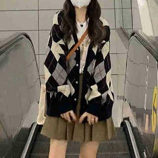 Set: Argyle Cardigan + Pleated Skirt