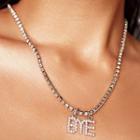 Lettering Rhinestone Pendant Alloy Necklace Silver - One Size