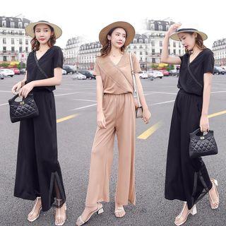 Set: Short Sleeve V-neck Pleated Trim Top + Wide-leg Pants