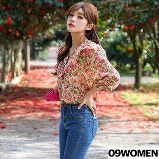 Plus Size Rose Print Chiffon Blouse