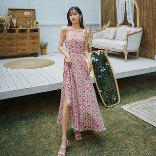 Spaghetti Strap Floral Slit Midi A-line Dress